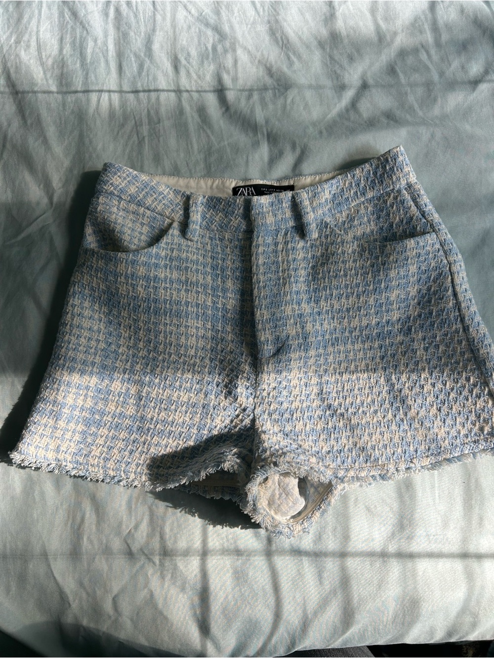 Zara Blue and Cream Tweed High-Rise Shorts